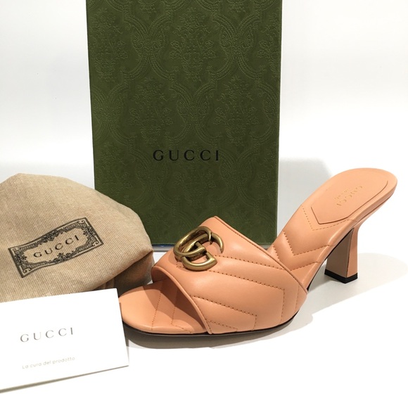 GUCCI GG MARMONT QUILTED LEATHER MULE SANDAL -PEACH -US 8.5 -NEW - Picture 2 of 12